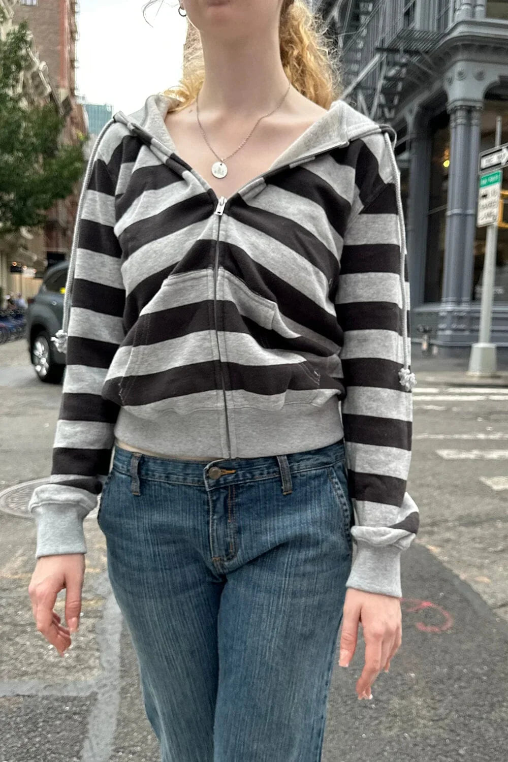 Stripes Vintage Zip-up Hoodie Woman Drawstring Hooded Long Sleeve Cotton Coat Casual Preppy Style Sweet Cute Hoodies Top Clothes
