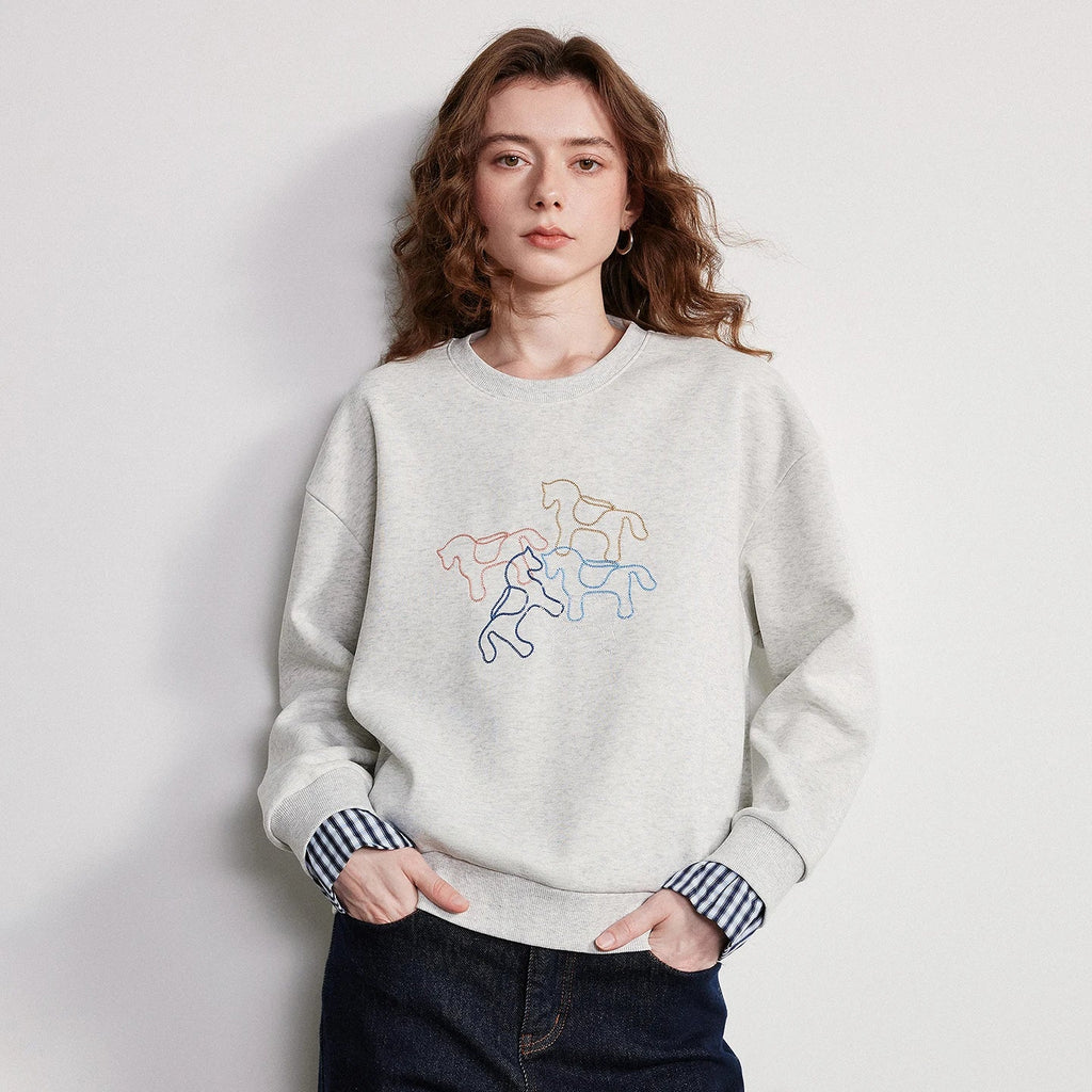 TOYOUTH Women Crewneck Patchwork Plaid Fake Two-Piece Pony Embroidery Loose Sweatshirt 2026 Spring New Tops