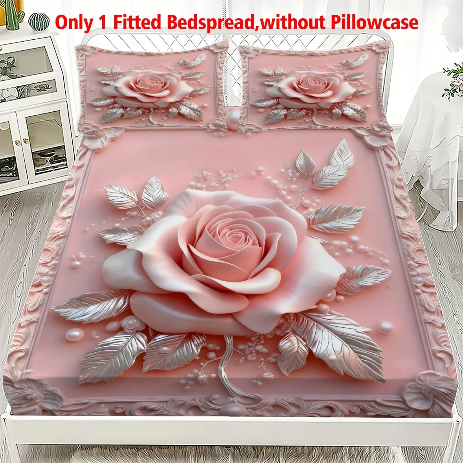 1pc 3D Embossed Pink Rose Print Fitted Sheet Deep Pocket Elastic