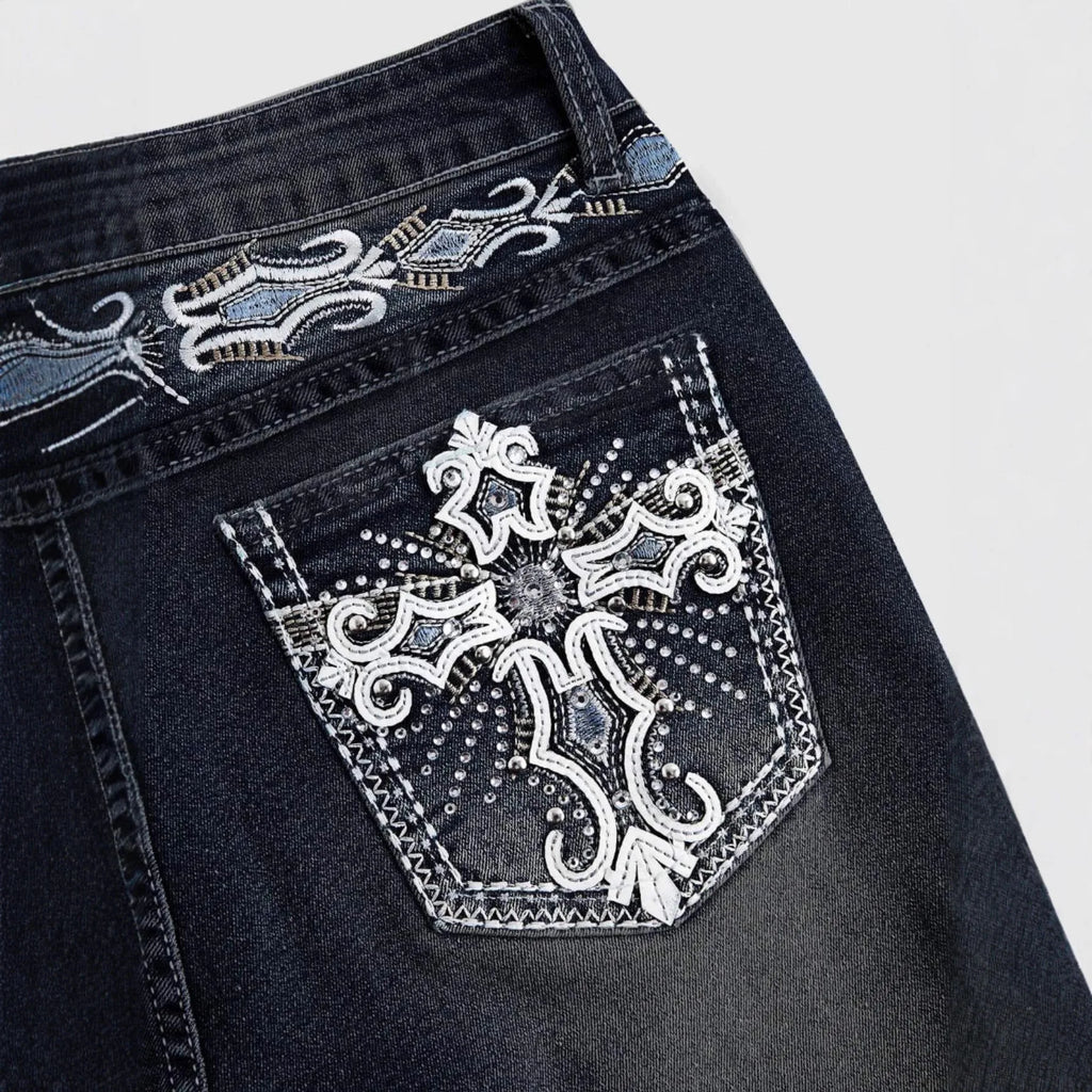 2026Trendy Y2K Style Flare Jeans for Women Dark Wash Skinny Fit with Rhinestone Embroidery Pocket Streetwear Casual Denim