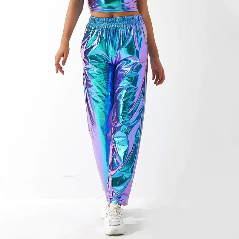 Red Women's Fashion Aurora Laser Gradual Change High Waist Straight Pants, Blue Thin Female Stretch Trousers, 2025 New