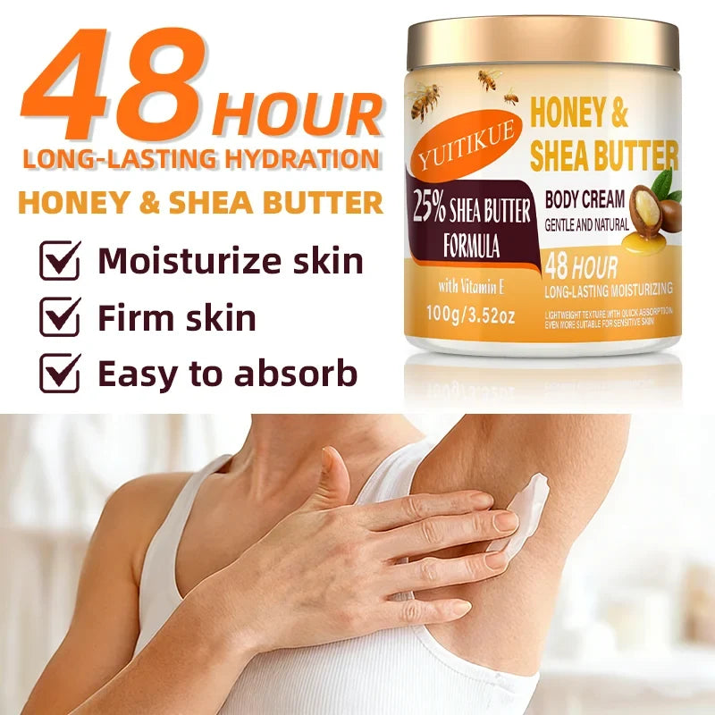 YUITIKUE 25% Shea Butter Body Cream 100g - 48H Moisturizer for Face, Body, Hands & Feet, Honey & Vitamin E, All-in-One Care