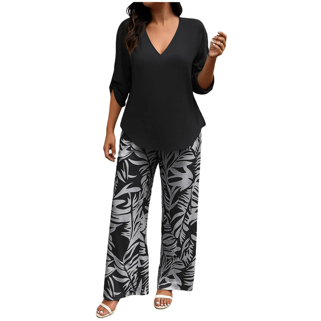 Women Solid V Neck Long Sleeve Digital Print Pants Two Piece Set Casual Stylish Matching Outfit for Daily Outdoor Lounge Wear