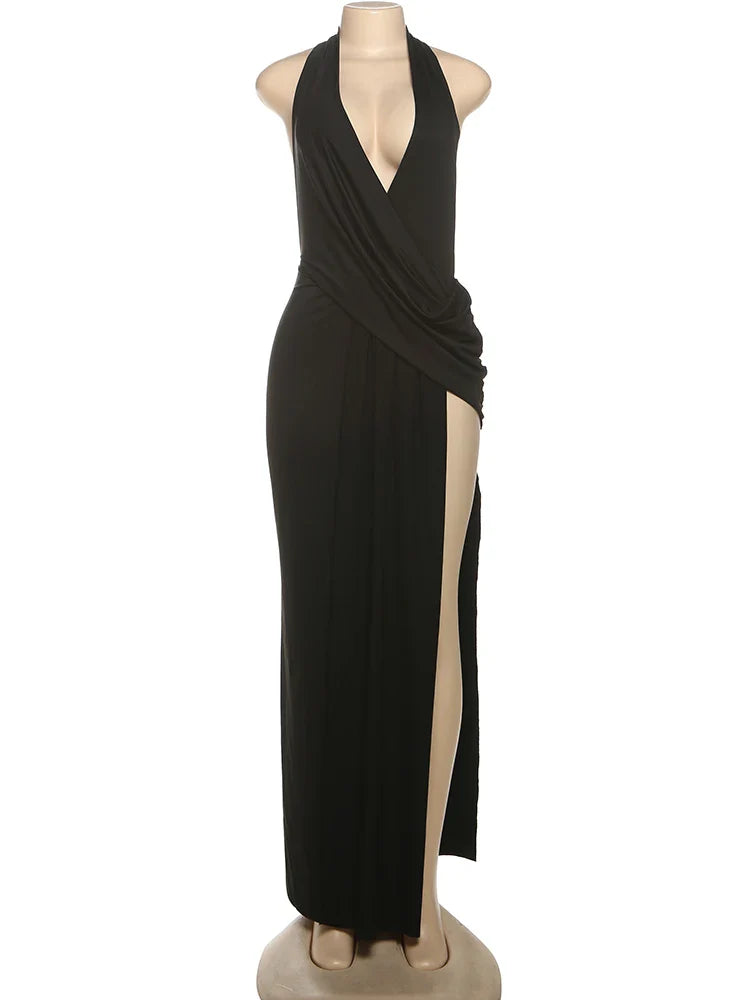 Sisterlinda Sexy High Splits Long Dress Women Halter Deep V-Neck Backless Sleeveless Summer Pool Party Ruched Elegant Vestidos