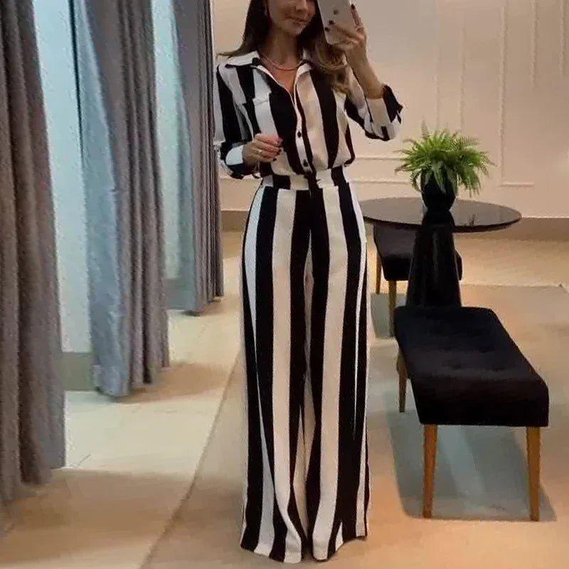 Women Two Pieces Set Striped Long Sleeve Turn Down Collar Shirts Button Wide Leg Pants Suits Regular Elegant Office Lady 2025