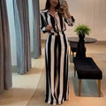 Women Two Pieces Set Striped Long Sleeve Turn Down Collar Shirts Button Wide Leg Pants Suits Regular Elegant Office Lady 2025