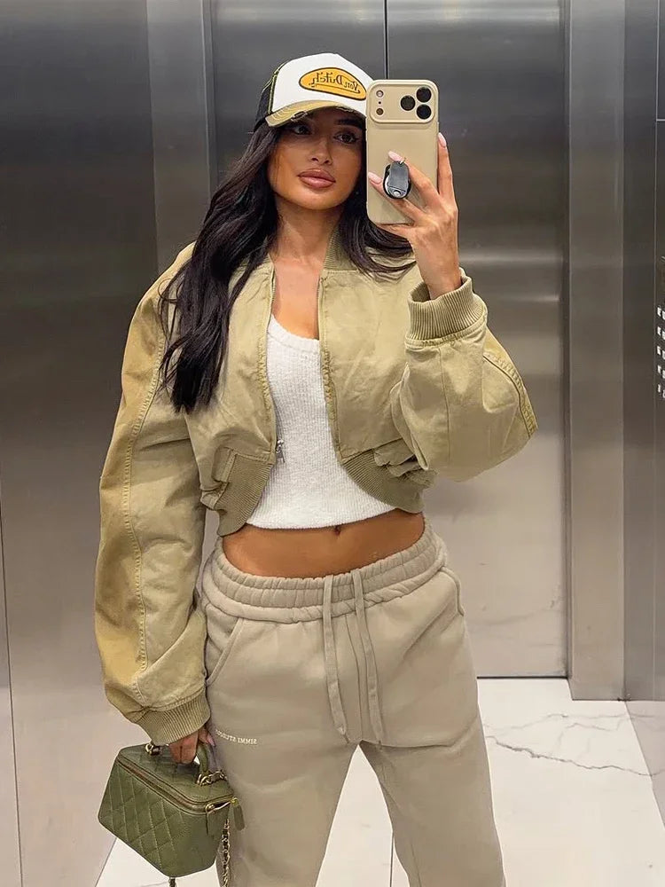 Fashion Short Bomber Jacket Women Casual Long Sleeve Round Neck  Zipper Loose Cropped 2026 Jackets Lady Spring Street Outerwear