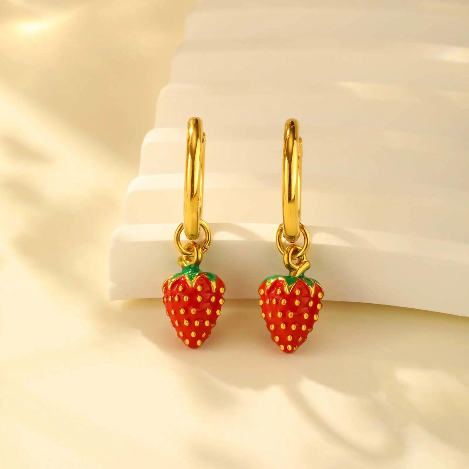 Women's Strawberry Drop Hoop Earrings | Cute Gold Plated Jewelry for Girls