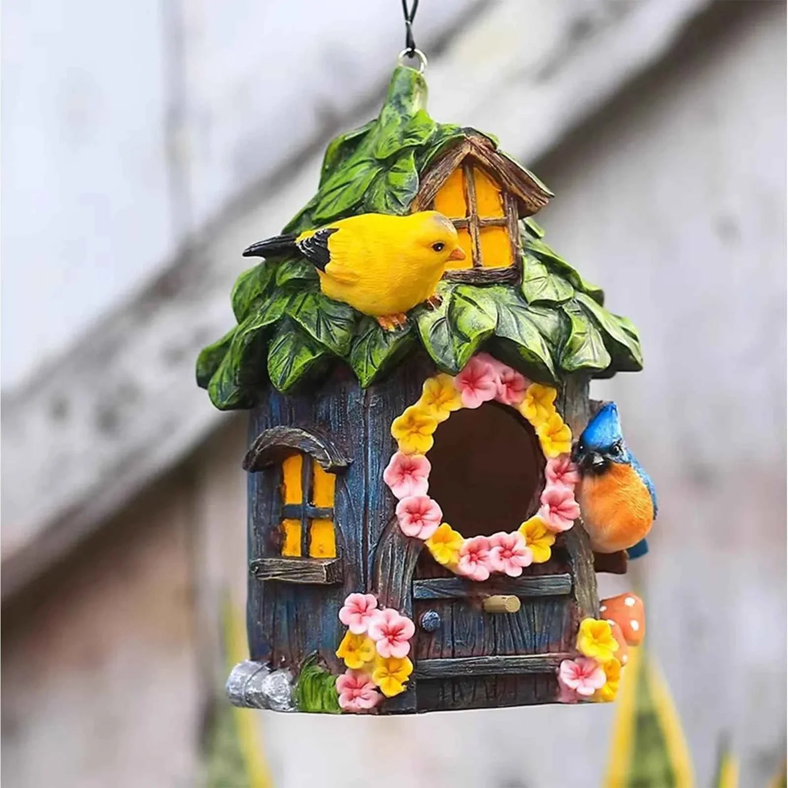 Birdhouse Garden Decor Hanging Outdoor Ornament Resin Craft Floral Design Bird Hut Backyard Accent Pet Shelter Bird House