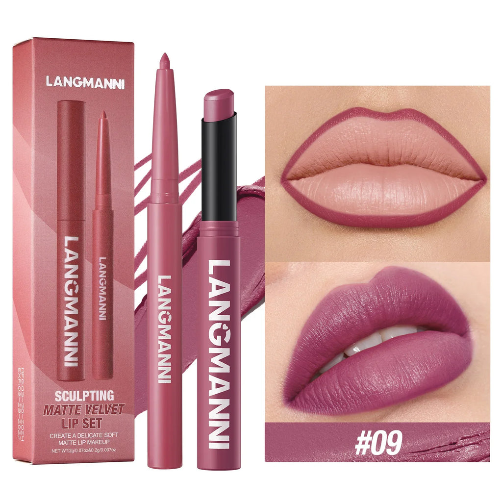 2Pcs/set Matte Soft Mist Slanted Mouth Lipstick + Lip Liner Set Combo Light Matte and Non-Drying Waterproof Non-Stick Lip Set