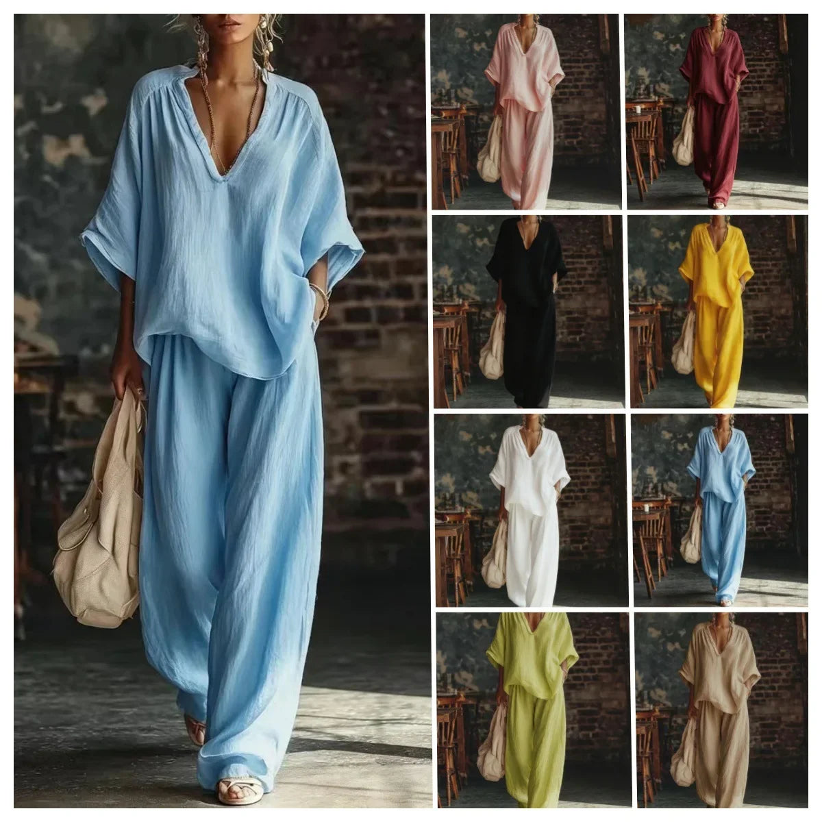Fashion V Neck Short Sleeve Top Suit Women's Set Spring Summer Loose Blouse Top Wide Leg Trousers Female Vacation 2 Piece Set