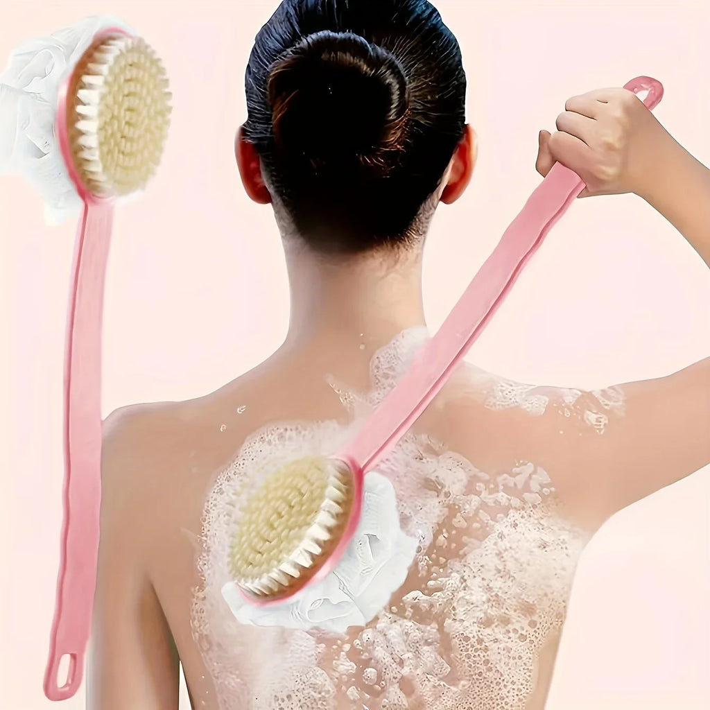Soft Loofah And Bristles Bath Body Brush For Women And Men - Curved Long Handled Shower Brush For Body, Face, And Spa Washing