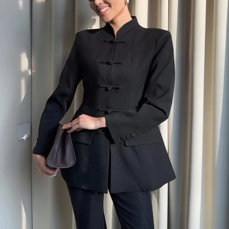 BJTZ Women Mandarin Collar Blazer Long Sleeve Frog Button Front Slim Fit Suit Jacket Casual Office Streetwear Elegant Outerwear