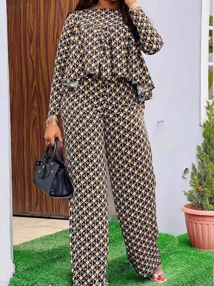 New in Matching Sets Autumn Long Sleeve Plus Size Women 2 Piece Sets Plaid Blouse and Pants Suits Elegant Lady Wear Outfits