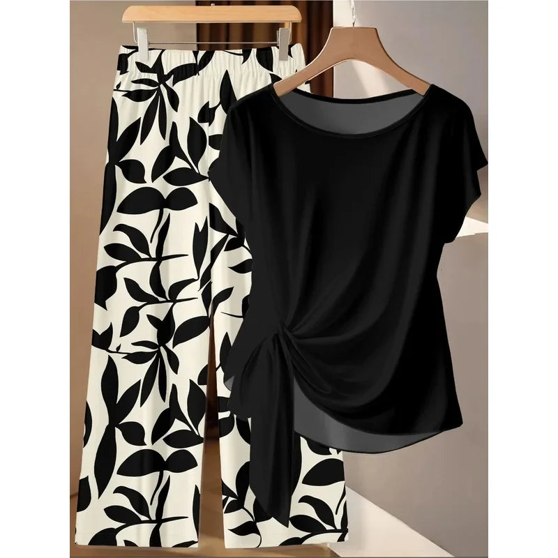 Women's plus Size Two-Piece Set Lazy Style Black Side Twisted T-Shirt And Black White Leaf Print Wide Leg Pants Casual Outfit