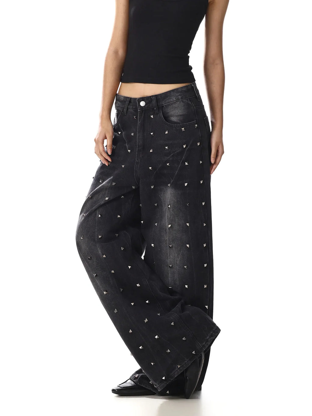 Women Black Rivet Heavy Duty Jeans New American Retro Design Niche Loose Wide Leg Denim Pants Streetwear Baggy Trousers