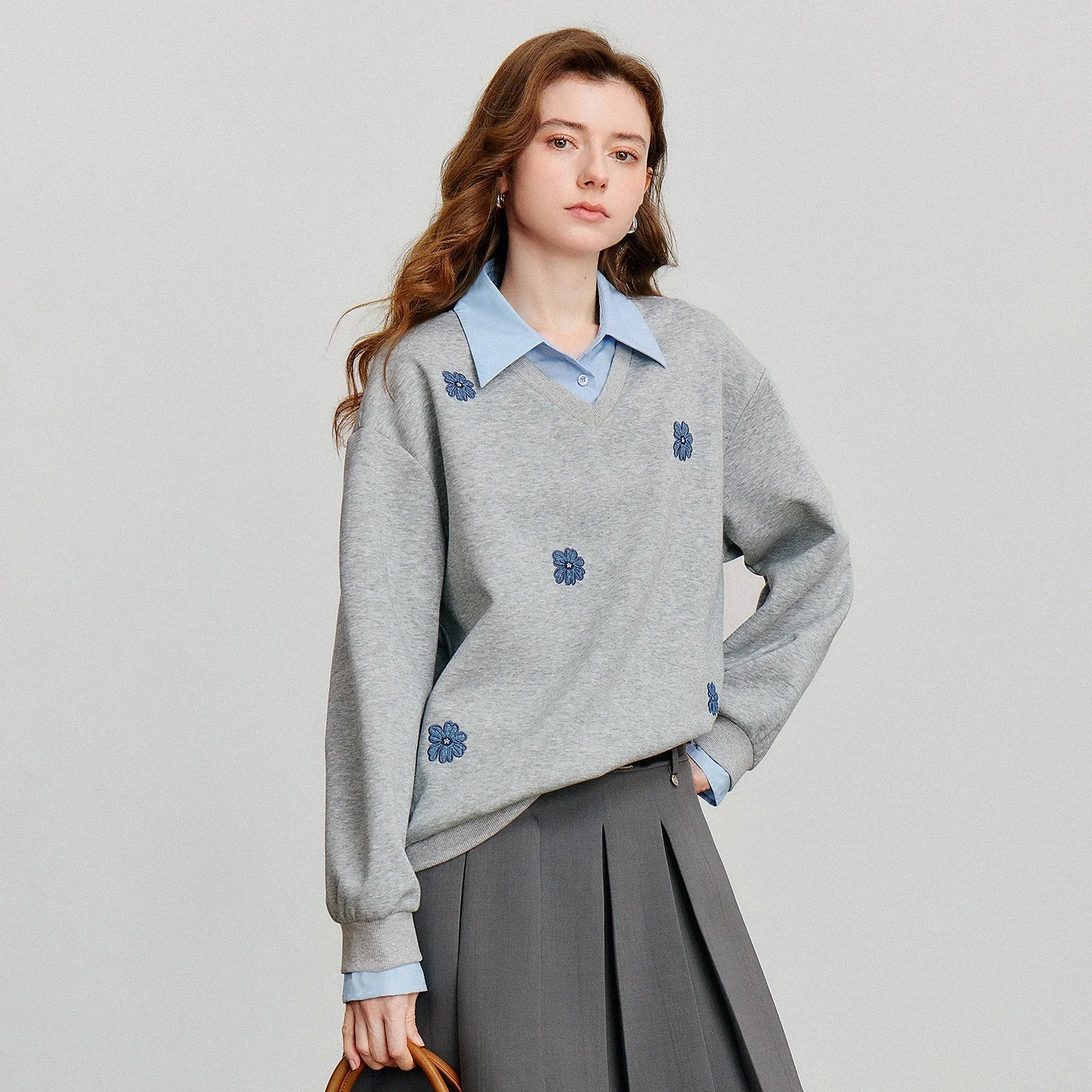TOYOUTH Women Sweatshirt 2025 Autumn New Denim Flower Embroidery Fake Two Piece Splicing Turn Down Collar Cotton Casual Pullover