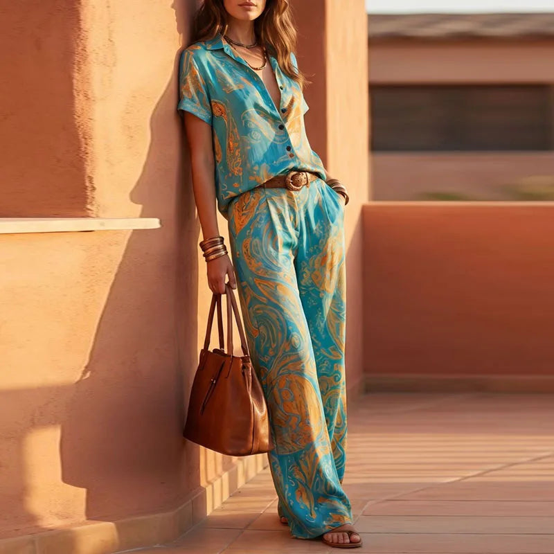 Vintage Printed Two Piece Suits Women Glossy V Neck Pocket Short Sleeve Tops & Wide Leg Trousers Sets Chic Holiday Travel Outfit