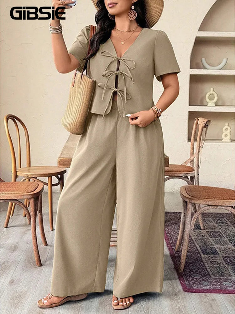 GIBSIE Plus Size Khaki V-neck Short Sleeve Lace Up Top Casual Vacation Wide Leg Pants Women Summer Two Piece Set Female Outfit