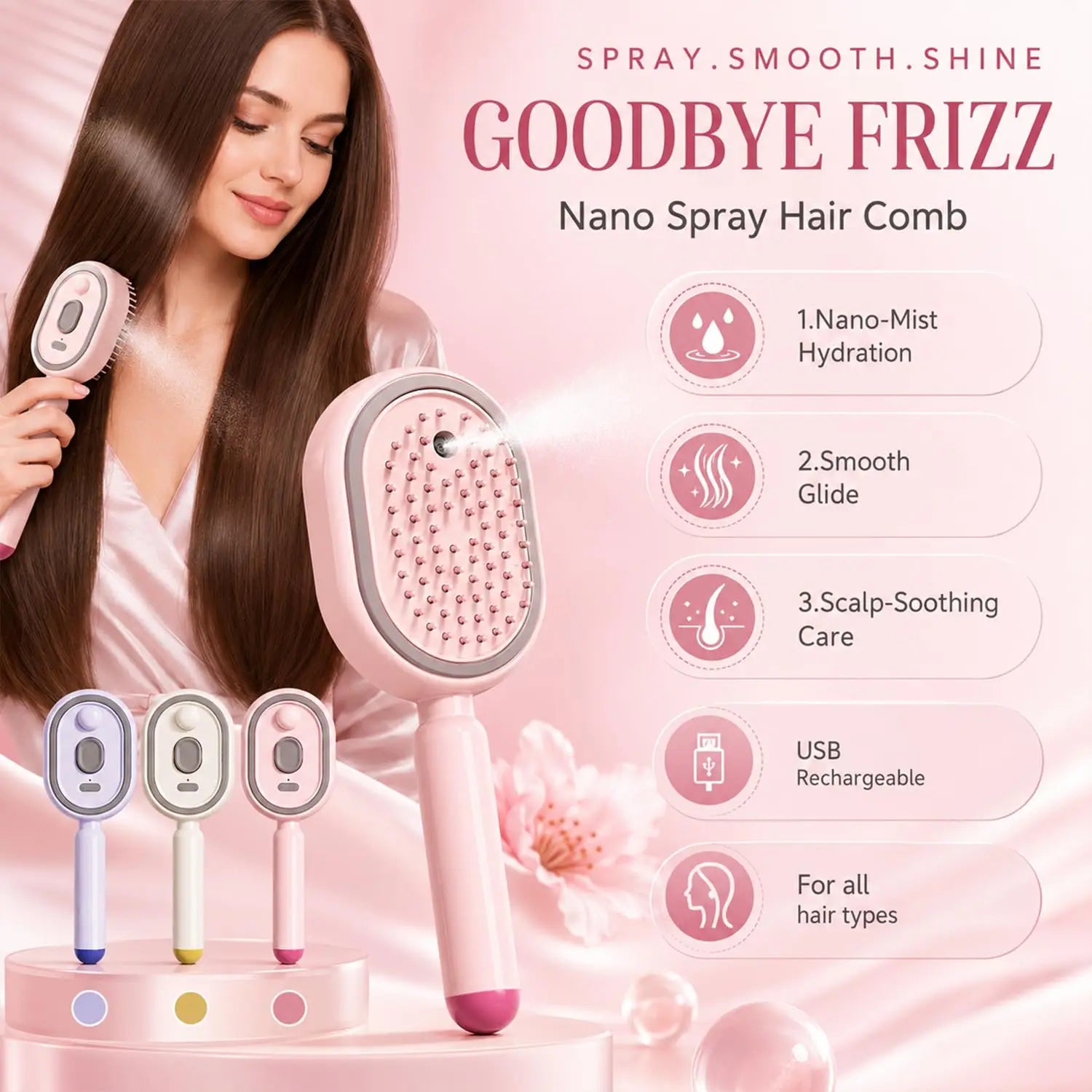 2026 Electric Steaming Hair Straightener Brush Electric Spray Air Cushion Massage Hair Brush Rechargeable Detangling Steam Brush