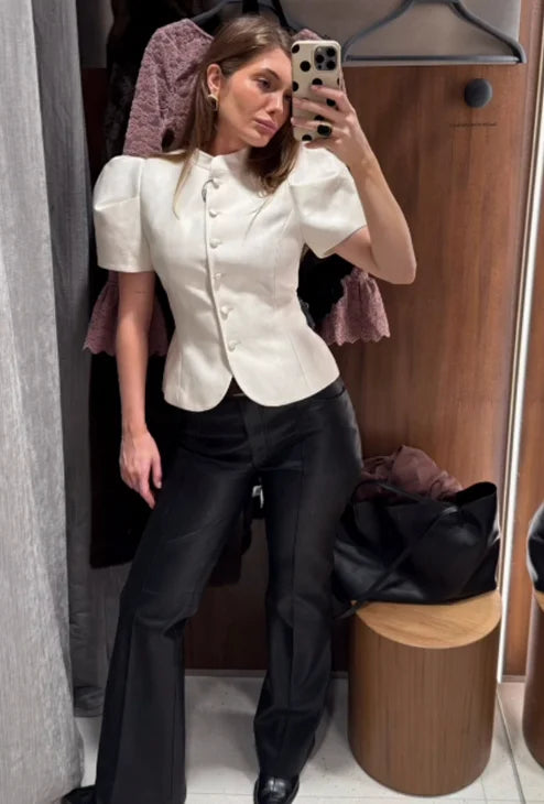 Satin Solid Round Neck Puffer Jacket Short Sleeve Slim Button Front 2026 Spring Retro Elegant Women Blouse Chic Office Lady Coat
