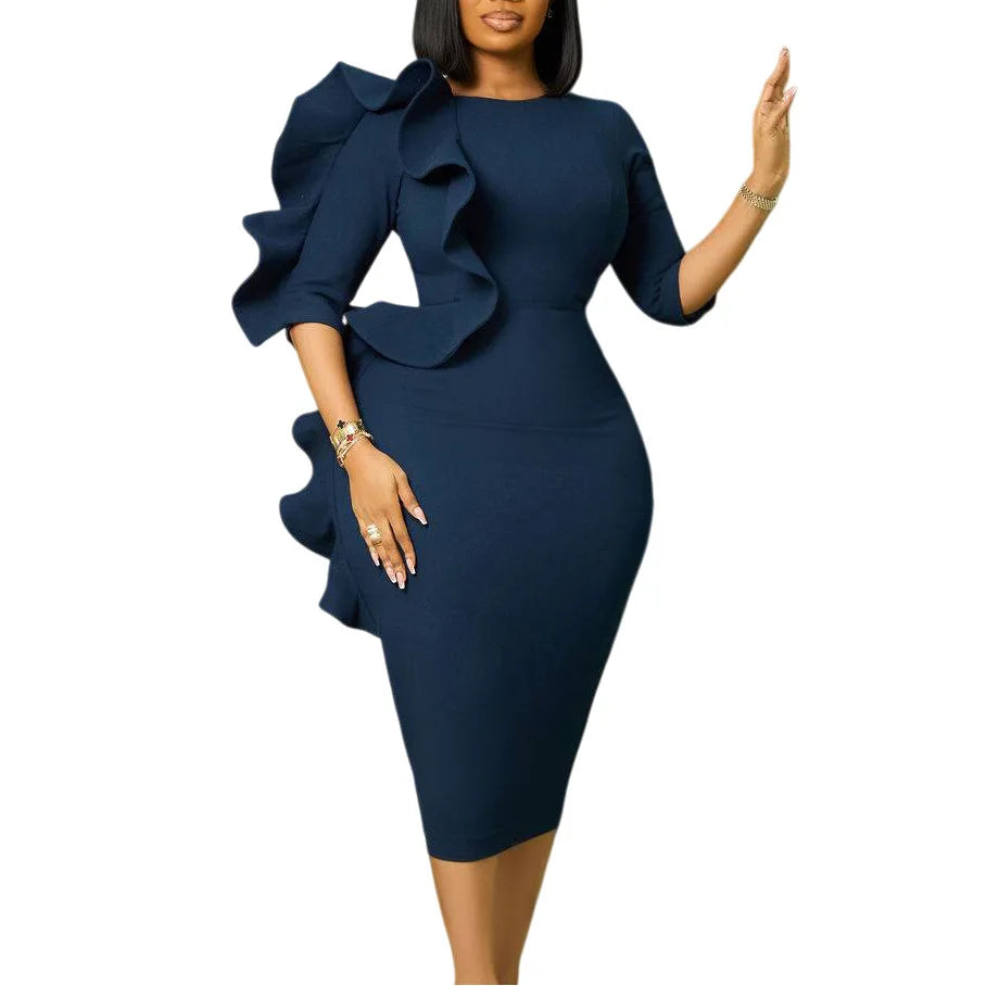 2026 Women Dress Mid Length Dresses Sexy Vestidos Y2k Streetwear Elegant Splice Party Night Work Round Neck Ruffles Slim Ruffle