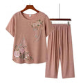 Middle-aged and elderly women's short-sleeved t-shirt mother suit loose large size cotton linen two-piece suit