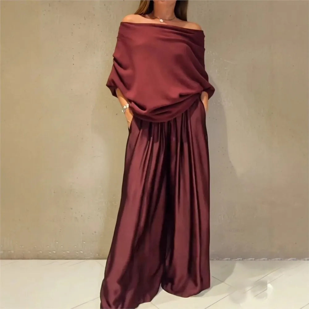 Fashion Satin Sexy Off-shoulder Women Long-sleeved T-shirt Trousers Suit Autumn Elegant Woman Loose Wide-leg Trousers 2piece Set