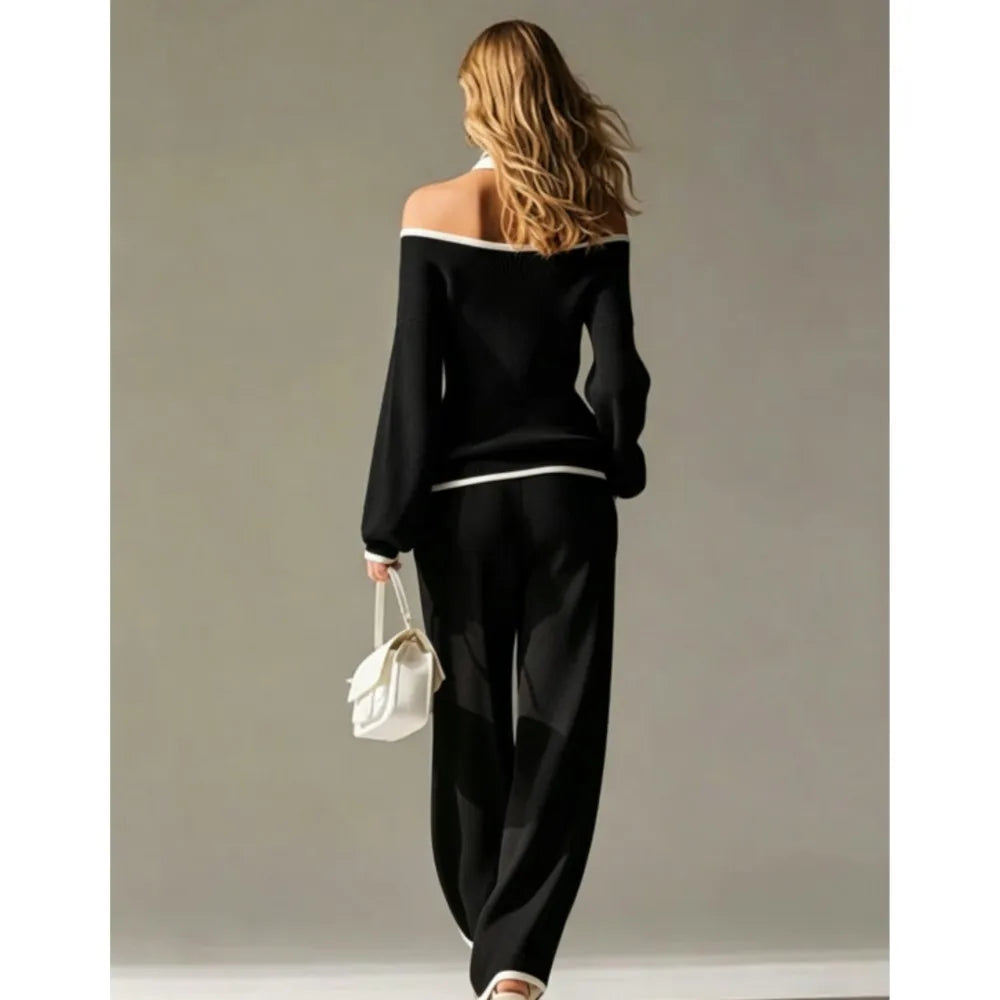 Women Sexy Off-shoulder Long-sleeved T-shirt Trousers 2piece Set Fashion Loose Elegant Color-blocked Pocket Trousers Female Suit