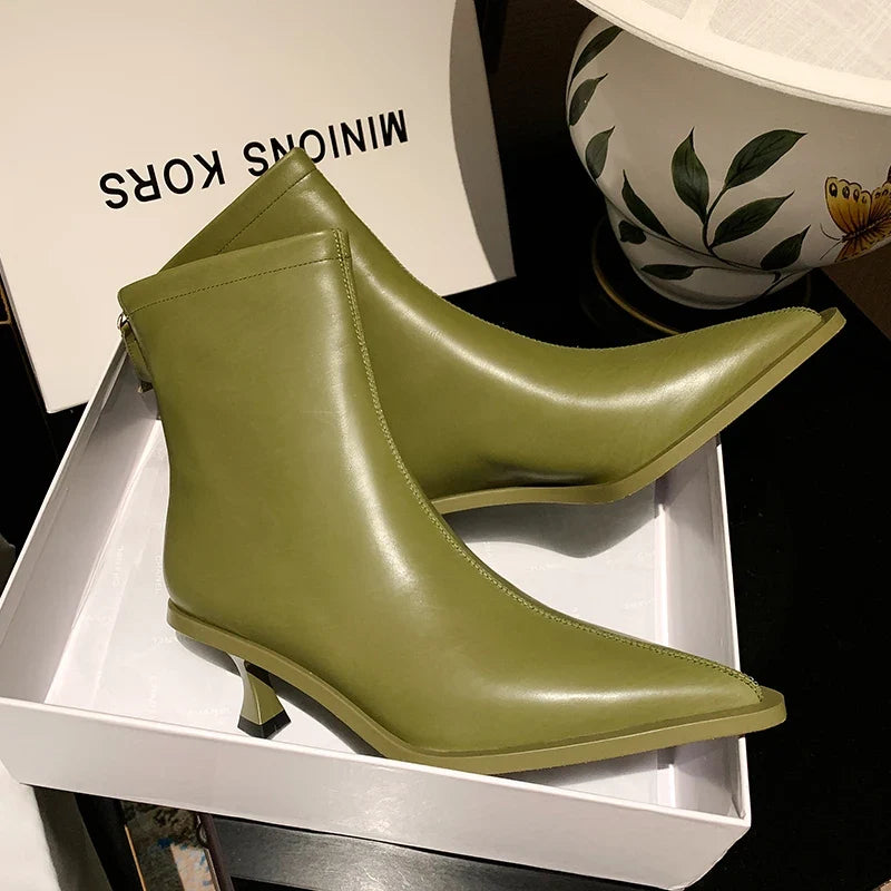 2025 Fashion Women Shoes Ankle Boots Sexy Autumn Winter Pointed Toe High Heels Genuine Leather Casual Black Shoes Size 34-40