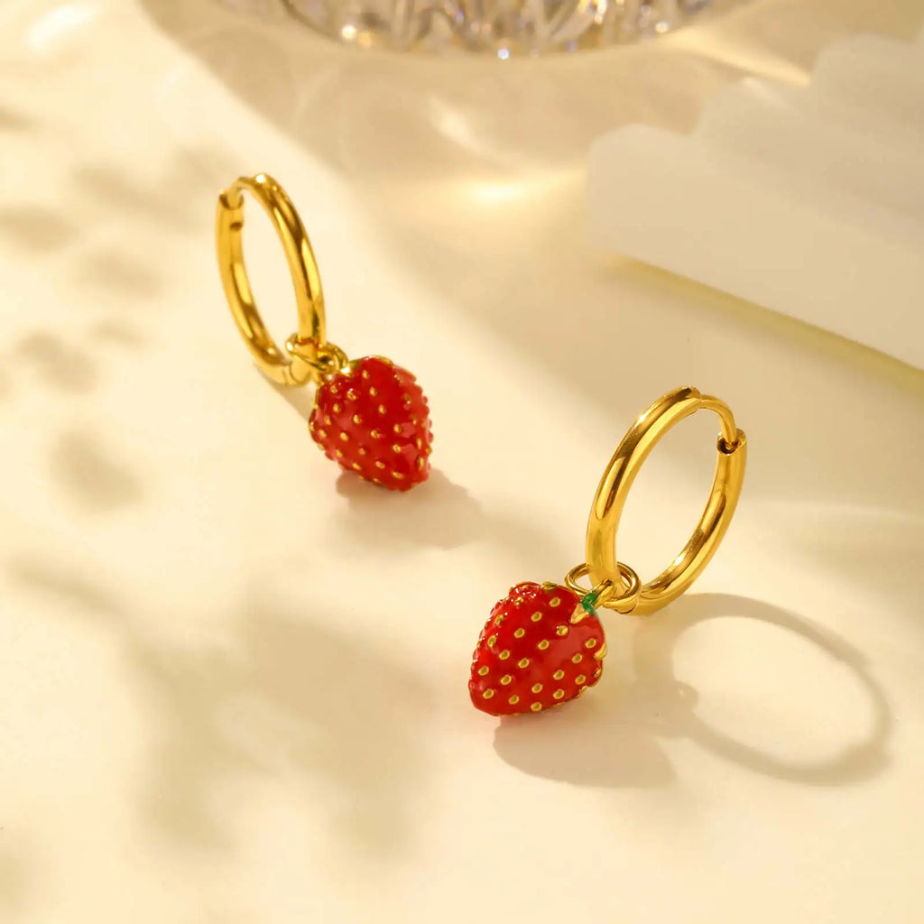 Women's Strawberry Drop Hoop Earrings | Cute Gold Plated Jewelry for Girls