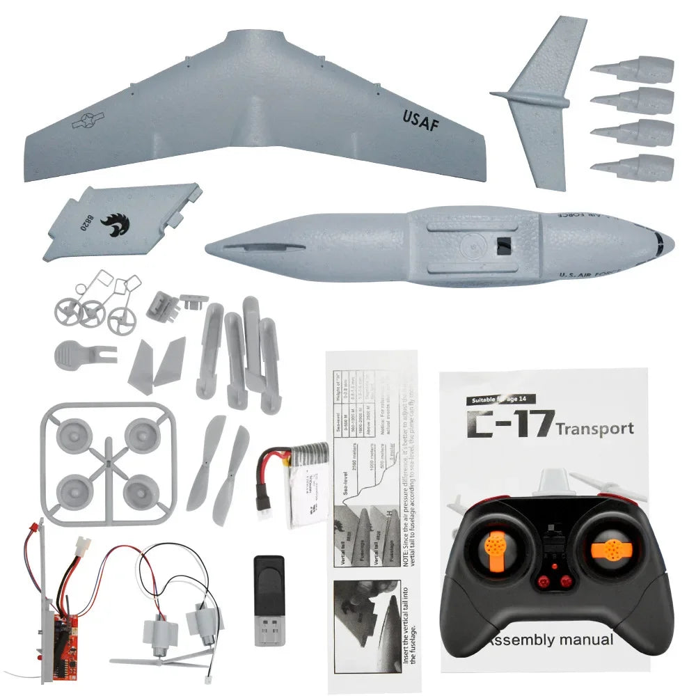C-17 RC Drone DIY Aircraft Transport Aircraft 373mm Wingspan EPP RC Drone Airplane 2.4GHz 2CH 3-Axis Aircraft Toy for Adults