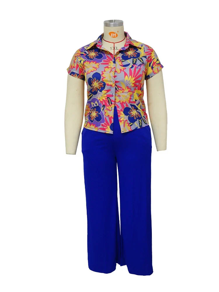 Woman 2 Piece Outfit Set Plus Size Summer Casual Suit Set Floral Print Shirt Pants Set Basic Lounge Wear