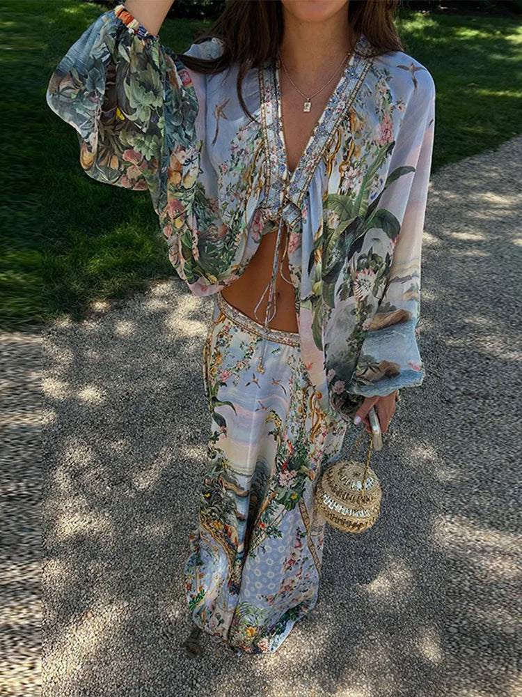 Bohemian Floral Matching Set V Neck Tie Front Crop Top Elastic Waist Tiered Ruffle Maxi Skirt Vacation 2 Piece Outfit 2026 Beach