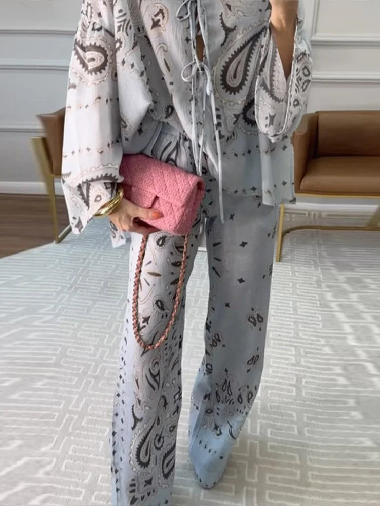 Casual Printed Women's Shirt Trouser Suits Lace Up Long Sleeve Loose Wide Leg Pants Lady Set 2026 Autumn Female 2 Pieces Set New