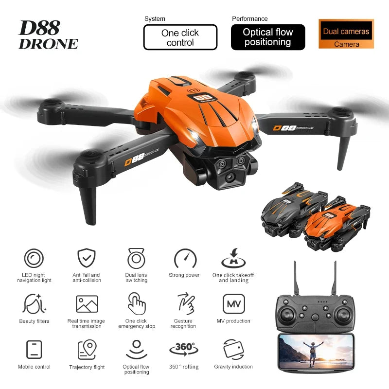 NewD88 4K RC Drone,360°Flip,Headless Mode,One Key Return,Altitude Hold,WiFi FPV,Dual Cam Switch,90°Lens Adjust,Birthday Gift Toy