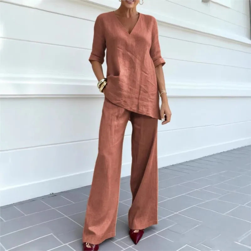 Women's Two-piece Set 2026 Mid-sleeve V-neck Top Straight Pants Spring Summer Women's New Casual Cotton Linen Solid Color Suit