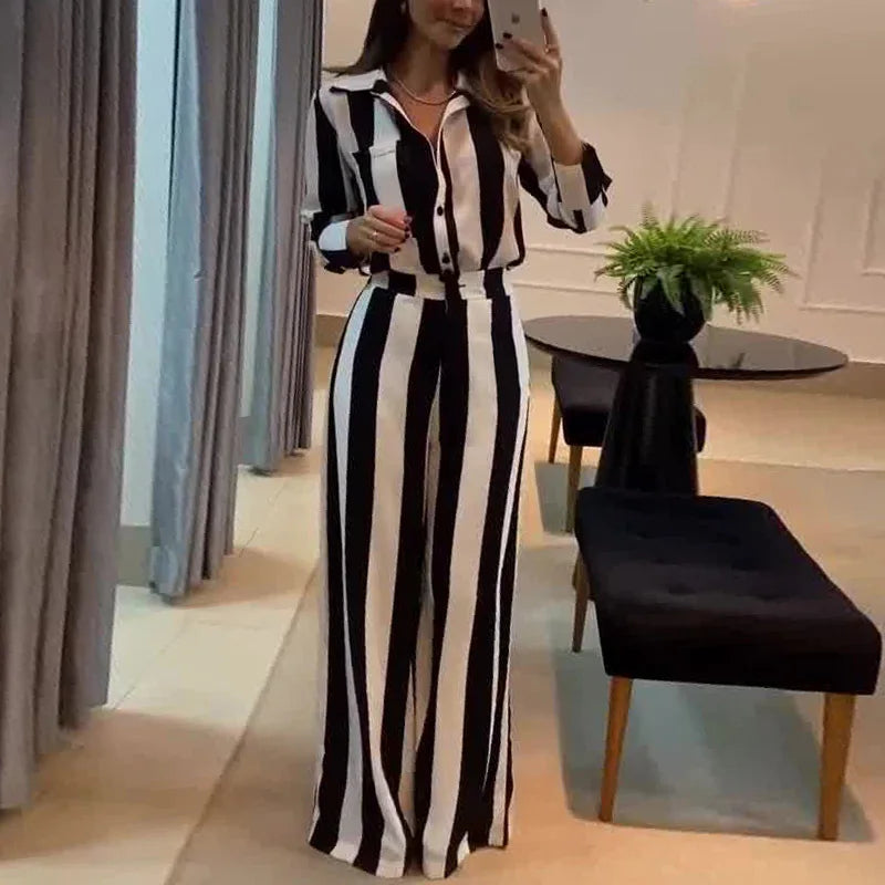 Women Two Pieces Set Striped Long Sleeve Turn Down Collar Shirts Button Wide Leg Pants Suits Regular Elegant Office Lady 2025