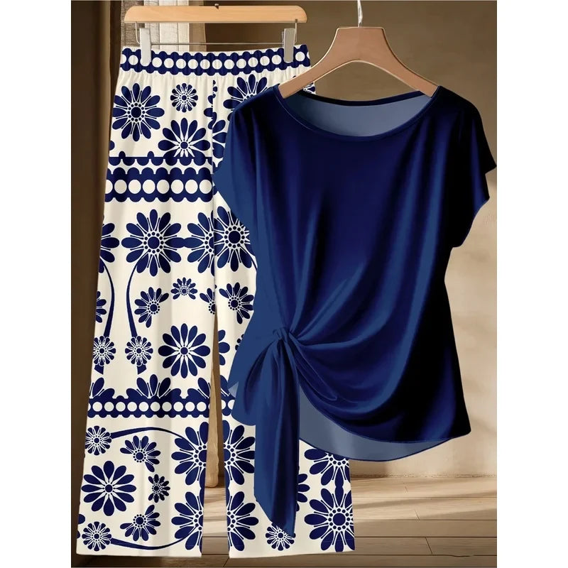 Summer Women's plus Size Casual Loose Two-Piece Set Solid Color Twisted T-Shirt with Blue White Printed Wide Leg Pants