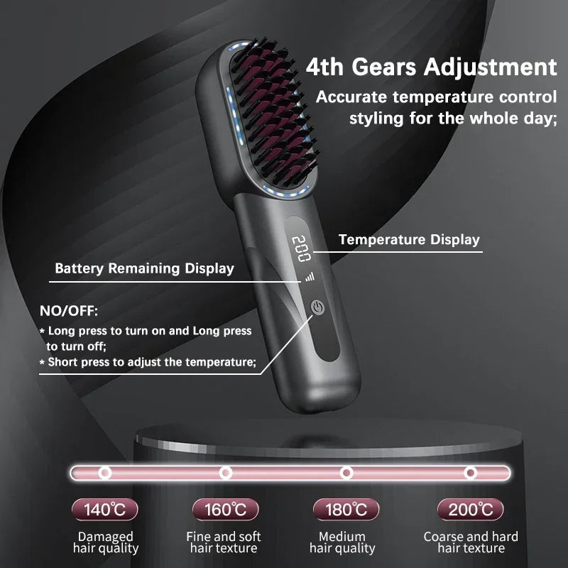 Electric LCD Usb Ceramic Heating Straight Hair Comb Wireless Portable Negative Ion Styling Tool Rechargeable Straightening Brush