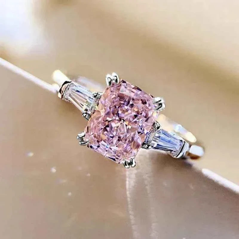 Square Pink Cubic Zirconia Wedding Rings Women Fashion Jewelry