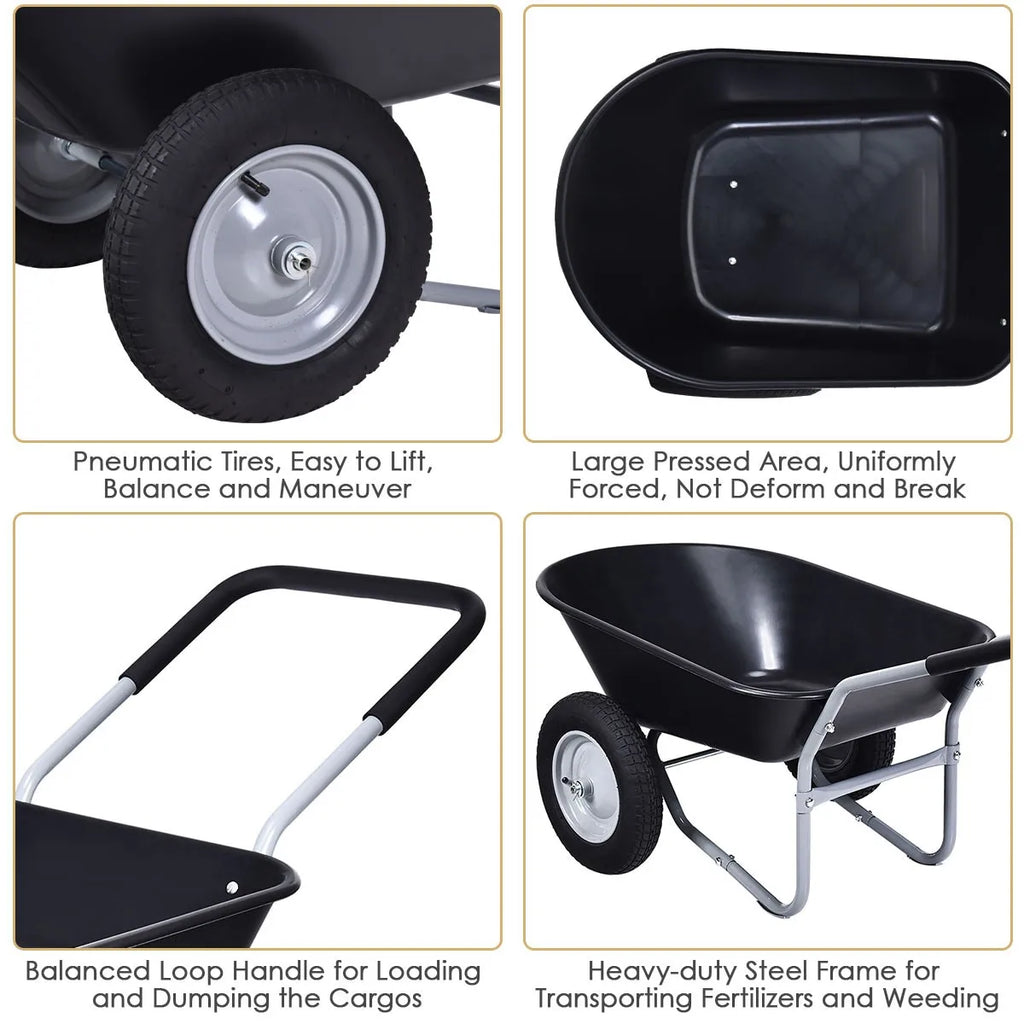 Dual Wheel Wheelbarrow Heavy Duty Garden Cart 330lbs Capacity Utility Cart Black