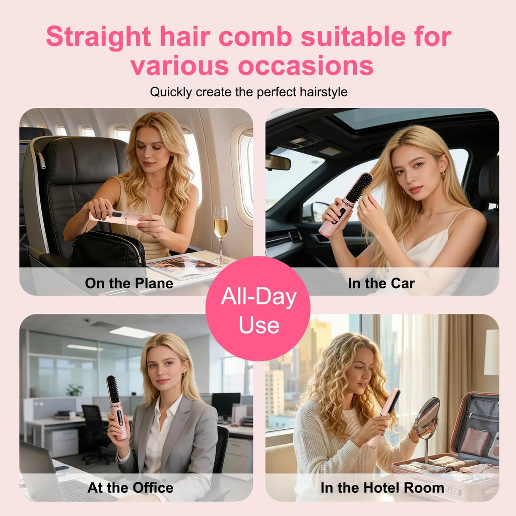 Cordless Hair Straightener Brush Portable Hot Brush with Ionic Technology Auto Shut-Off for Travel & Touch-Ups Ideal for Women