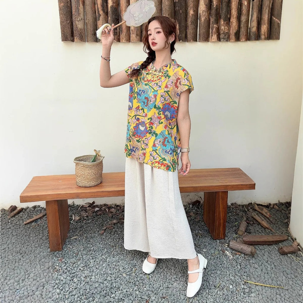Summer Cotton-silk blend Cheongsam 2 Pcs Set Loose Short Sleeve Frog Closure Tops and Wide leg Pants New Chinese Style Plus size
