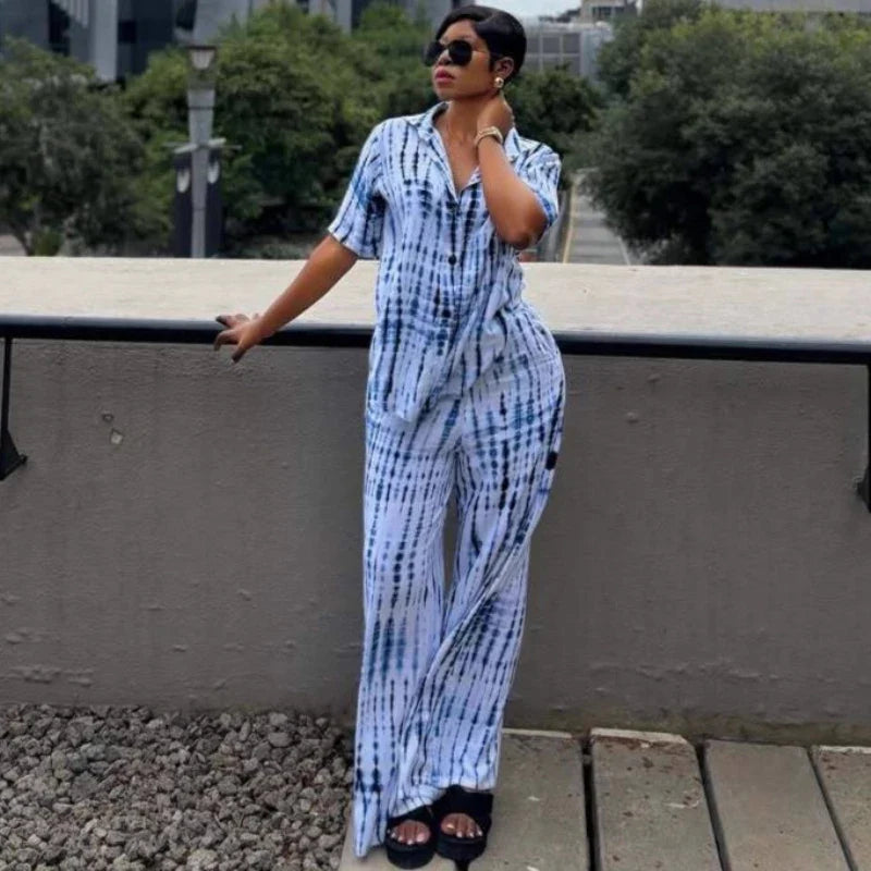 New African Fashion Women Two Piece Set Tie Dye Printed Short Sleeve Loose Shirt And Wide Leg Pants Set