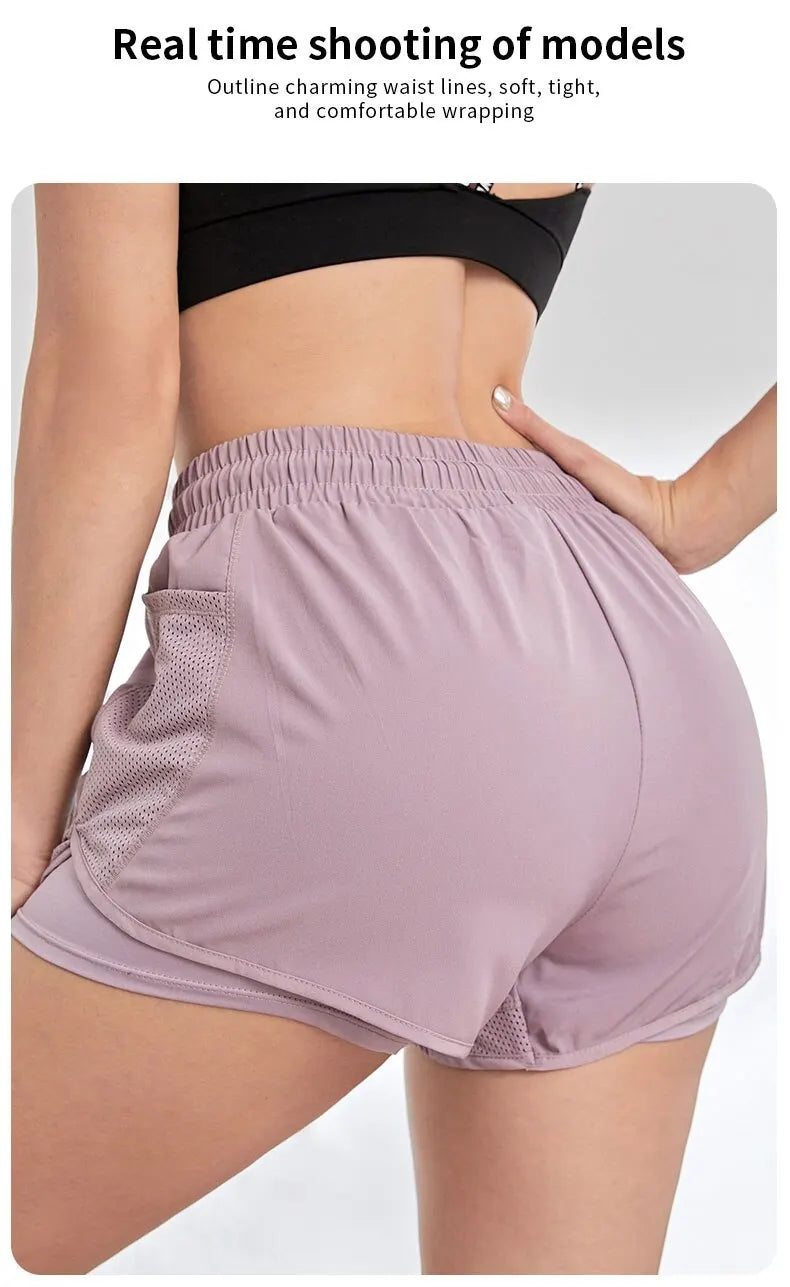 Women's Elastic Sports Shorts, Shorts With Pockets, Fake Two-Piece Yoga Leggings Running And Training