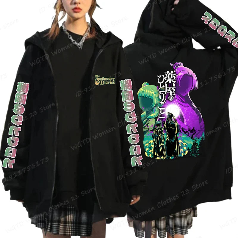 Funny The Apothecary Diaries Print Hoodies Men Women Casual Harajuku Zipper Hooded Pullovers Coat Anime Streetwear Sweatshirt