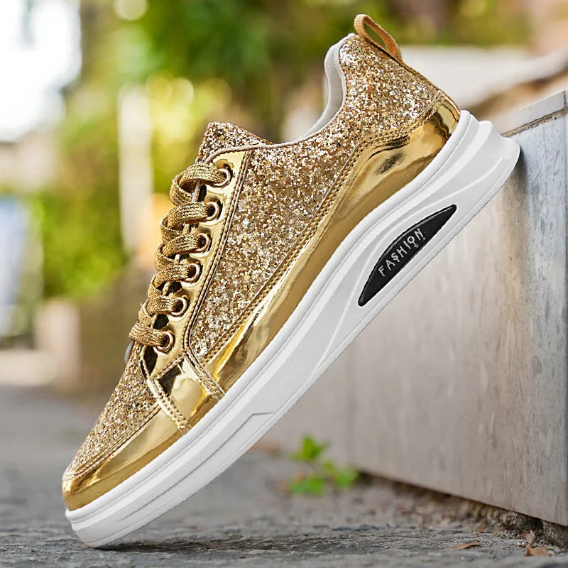Mens Shoes Nightclubs Fashiona Sequins With Diamonds Golden Sneakers Trendy Low Top Sports Casual Shoes Large Size 39-46