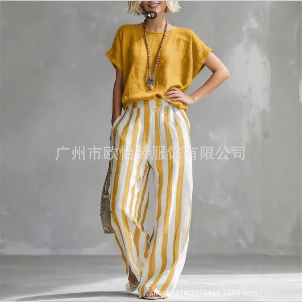 Fashion Linen Printed Striped Trousers Short-sleeved Women 2piece Set Summer New Retro Loose Wide-leg Trousers Female Casual Set