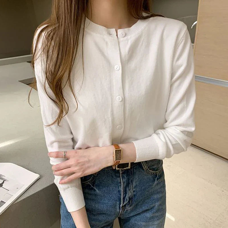 Rimocy Knitted Cardigan Jacket Women 2025 Spring Autumn Round Neck Casual Cardigans Woman Solid Color Slim Korean Jumpers Female